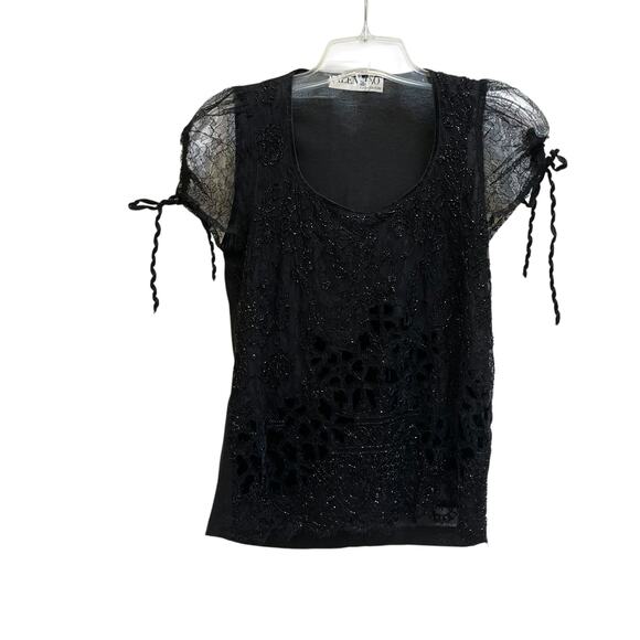 Valentino Black Beaded Square Neck Sheer Short Sleeve Top Size 6 - Picture 4 of 13